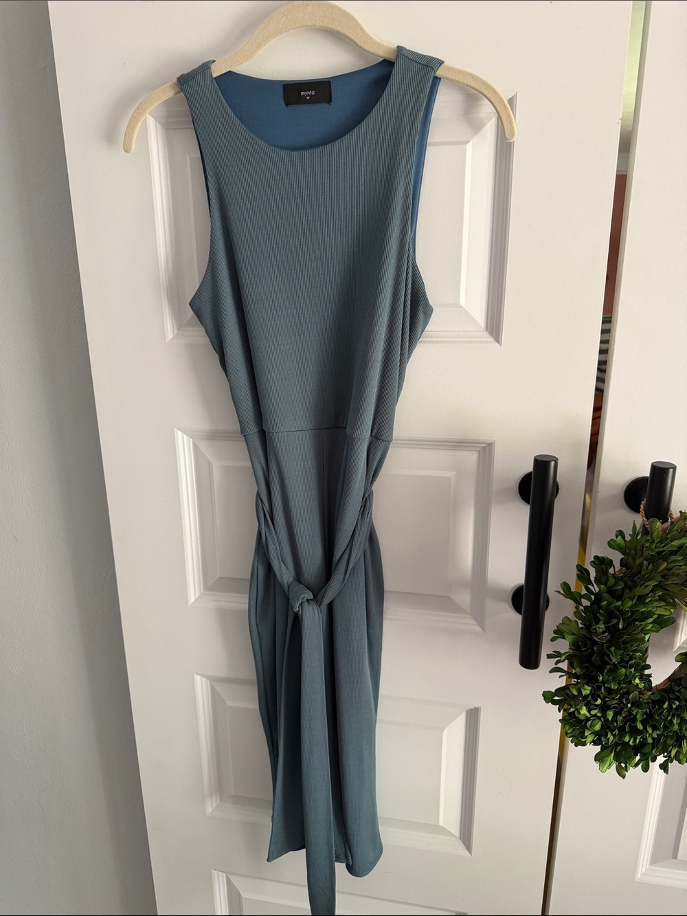 Sleeveless green Blue ribbed Tie-Waist Midi Dress